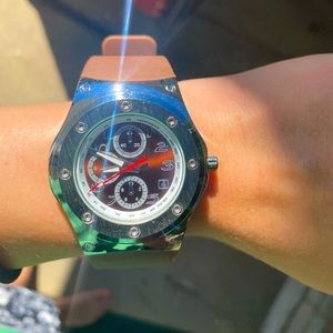 Brown silicone and stainless steel, unisex watch